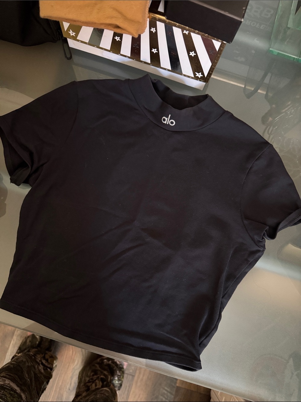 ALO Yoga Black Short-Sleeve Mock Neck Tee